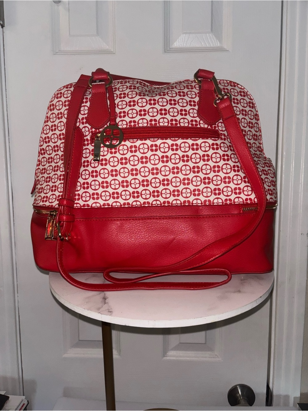 IMAN Red and White Patterned Shoulder Satchel - Picture 8 of 16